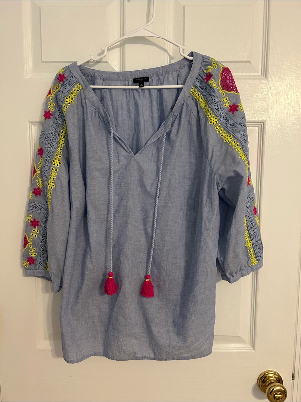 Talbots Light Blue Embroidered Peasant Top with Tassels